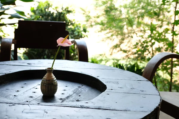 bahçede ahşap sehpa üzerinde vazo çiçek