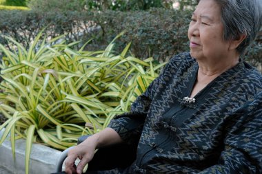 yaşlı yaşlı kadın bahçede dinleniyor. yaşlı kadın rahatlatıcı outdo