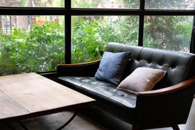 bahçe penceresi yakınında oturma odasında kanepe kanepe