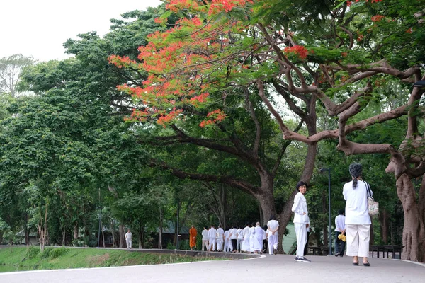 Βουδιστής μοναχός και άνθρωποι που περπατούν για διαλογισμό — Φωτογραφία Αρχείου