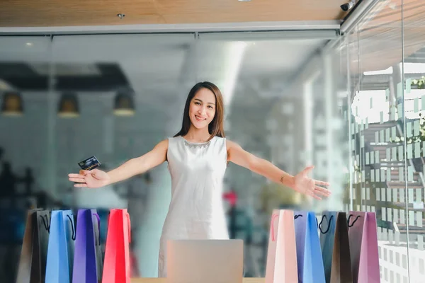 woman with computer, shopping bag & credit card. shopaholic cons