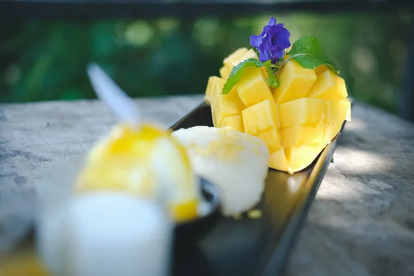 Latte di cocco di riso adesivo al mango. dessert tradizionale tailandese — Foto Stock