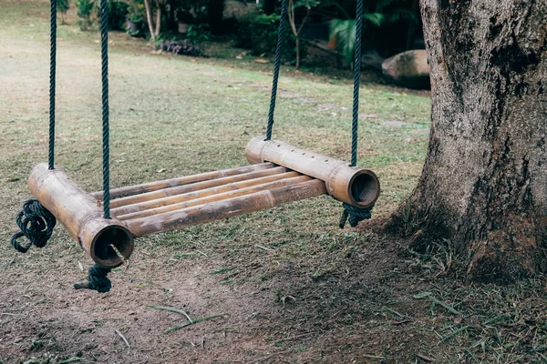 Holzschaukel hängt im Park an Baum — Stockfoto