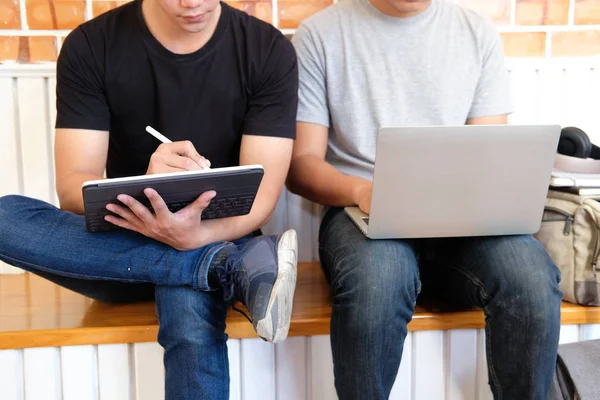 Designer working on computer graphic tablet discussing creative — Stock Photo, Image