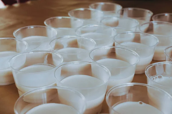 Pudding Lait Soja Dans Une Tasse Plastique Dessert Végétalien Pour — Photo