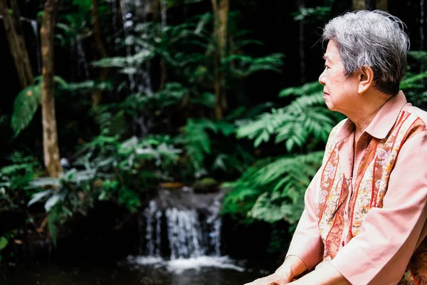 Oudere Vrouw Rustend Tuin Aziatisch Oudere Vrouw Ontspannen Buiten Senioren — Stockfoto