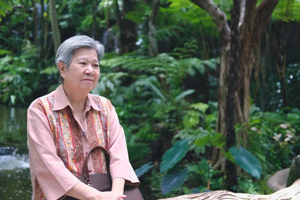 老年妇女在花园里休息 亚洲老年女性在户外放松 老年人休闲生活方式 — 图库照片