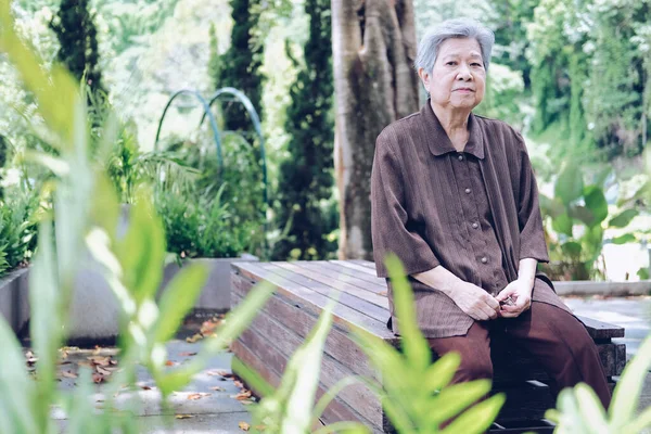 정원에서 휴식을 취하는 나이든 아시아 노인이 야외에서 있습니다 노인들의 — 스톡 사진