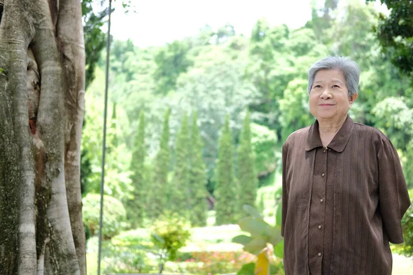 老年妇女在花园里休息 亚洲老年女性在户外放松 老年人休闲生活方式 — 图库照片