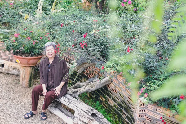老妇人躺在玫瑰花园子里 亚洲老年女性在户外放松 老年人休闲生活方式 — 图库照片