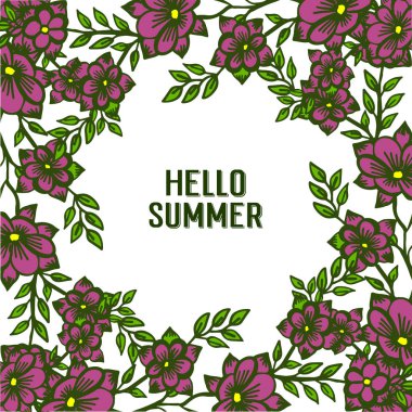 Vektör illüstrasyon soyut mor çelenk çerçeve ile merhaba yaz yazı