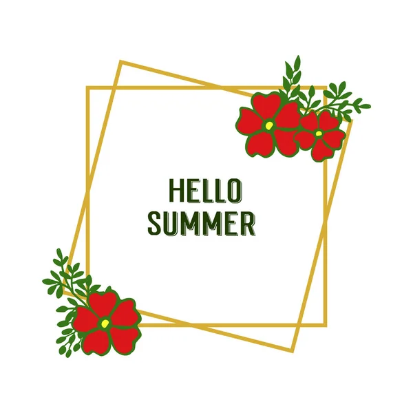 Tarjeta de ilustración vectorial hola verano con marco floral rojo estilo — Vector de stock