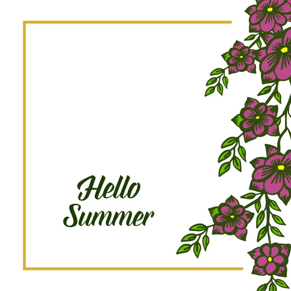 Vektorové ilustrace písmo Hello léto s abstraktním fialovým rámem na věnec — Stockový vektor