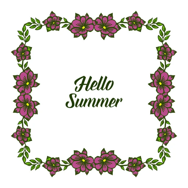 Vector ilustración banner hola verano con elegante marco floral púrpura — Vector de stock