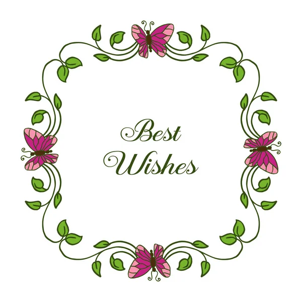 Vector illustration writing best wishes for abstract leaf flower frame with purple butterflies