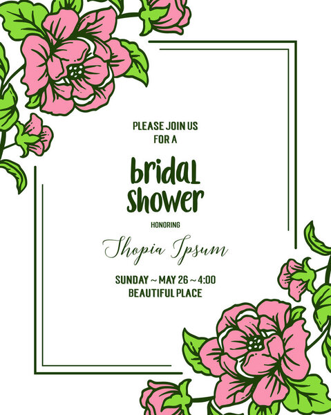 Vector illustration letter bridal shower with various pattern art of pink flower frame