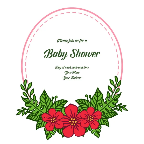 Cartão de ilustração vetorial chá de bebê para moldura flor vermelha e folhas verdes —  Vetores de Stock