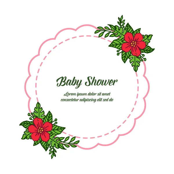 Vector illustration card baby shower for frame flower red and leaves green — Stock Vector