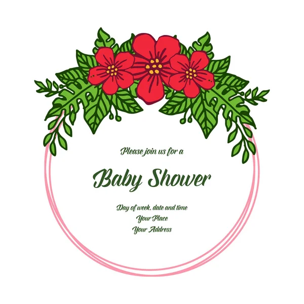 Carte d'illustration vectorielle baby shower pour cadre fleur rouge et feuilles vert — Image vectorielle