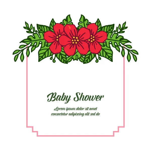 Векторная иллюстрация формы карточки baby shower для очень красивой красной цветочной рамки — стоковый вектор