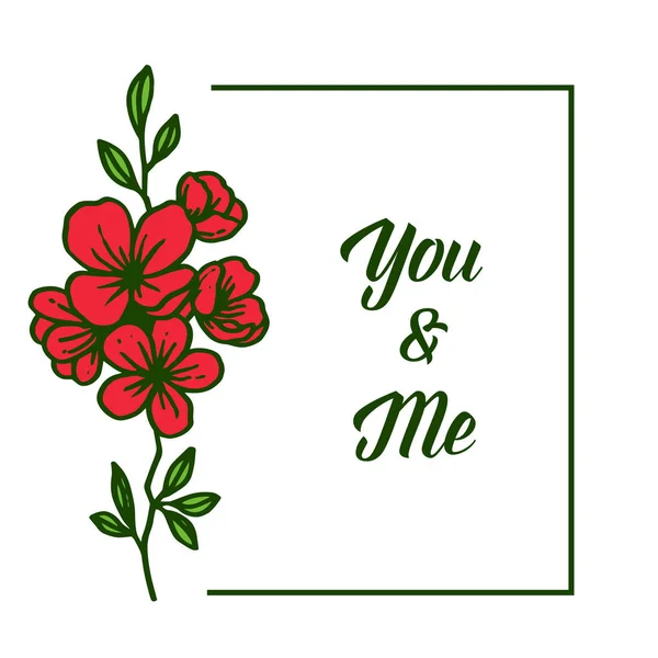 Vector illustration letter you and me with various pattern red flower frame — Stock Vector