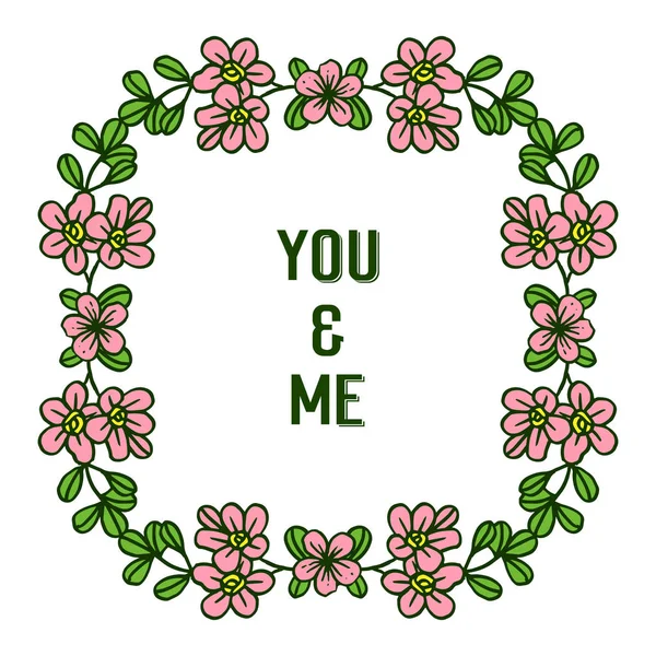 Corona de marco de ilustración vectorial rosa y hojas verdes para ti y para mí — Archivo Imágenes Vectoriales