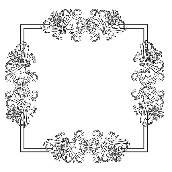 Illustrazione vettoriale nera sullo sfondo bianco, cornice floreale modello, biglietto di auguri di nozze. Vettore — Vettoriale Stock