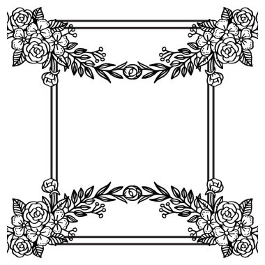 Siyah ve beyaz grafik çerçeve, davetiye kartı dekorasyonu, çeşitli çiçek ve yaprakları. Vektör
