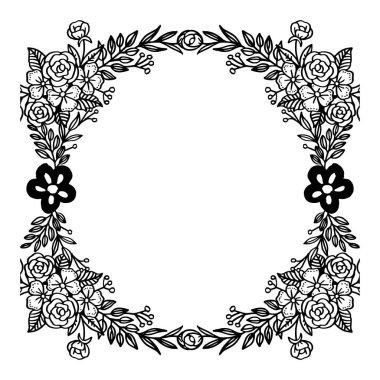 Siyah ve beyaz grafik çerçeve, davetiye kartı dekorasyonu, çeşitli çiçek ve yaprakları. Vektör