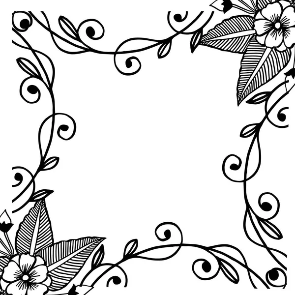 Cornice decorativa ornamentale nera, vari fiori e foglie, biglietto d'invito. Vettore — Vettoriale Stock