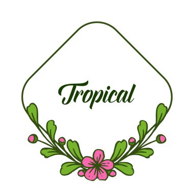 Metin için alan, güzel yeşil yaprakları ve mektup tropikal pembe çiçek çerçevesi. Vektör