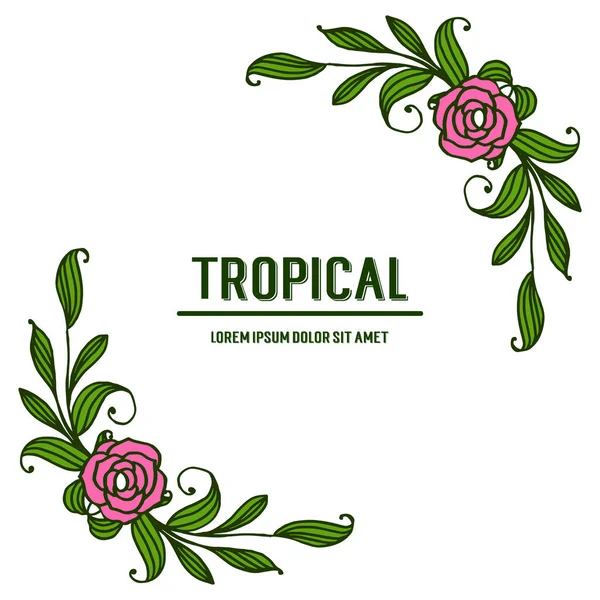 Tropický s kresbou stoupal růžovou květinový rám a listí. Vektorové — Stockový vektor