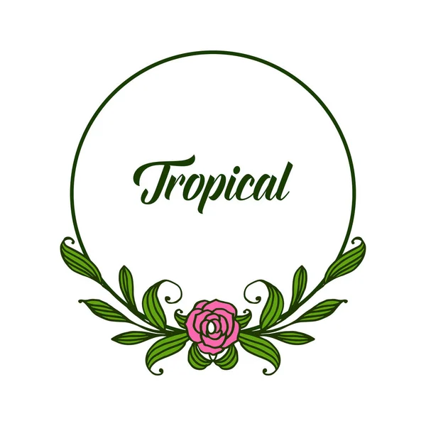 Rose marco de flores de color rosa y hojas verdes florece, forma de tarjeta tropical. Vector — Archivo Imágenes Vectoriales