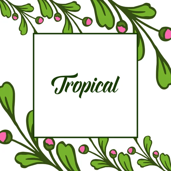Decoración de tarjetas de verano tropical, verde marco floral frondoso florece y lugar para el texto. Vector — Vector de stock