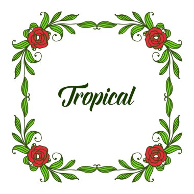 Tebrik kartı tropikal, beyaz zemin, sevimli yaprak kırmızı çiçek çerçeve izole. Vektör