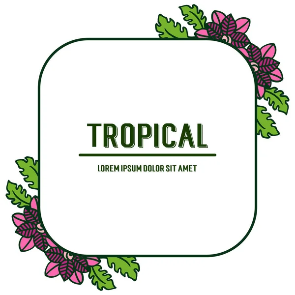 Tropical, place for your text, various crowd purple flower frame and green leaves. Vector — Stock Vector
