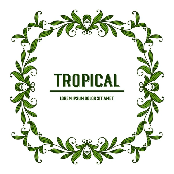 Greeting card design tropical with flower frame and green foliage. Vector — Stock Vector