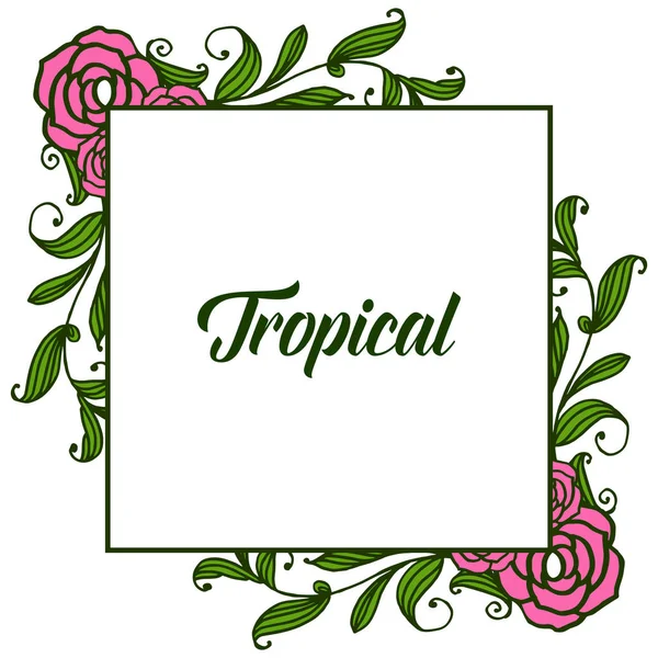 Plante cadre floral rose et feuilles vertes, élément design de carte tropicale. Vecteur — Image vectorielle