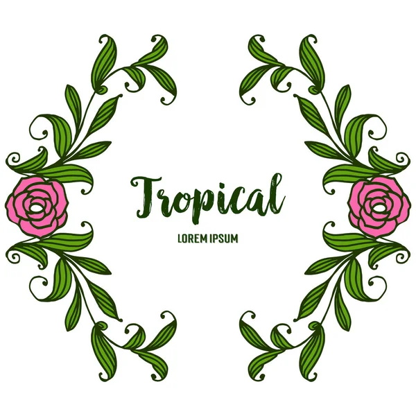 Elemento decoración de la tarjeta tropical, varias hojas verdes lindas y marco de corona de rosas. Vector — Vector de stock