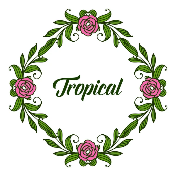 Elément décor de carte tropicale, diverses feuilles vertes mignonnes et cadre de couronne rose. Vecteur — Image vectorielle