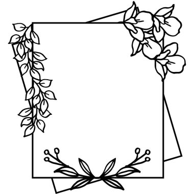 Çerçeve çiçek ve yaprakları, siyah ve beyaz kroki. Vektör