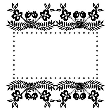 Siyah ve beyaz çiçek ve yaprak ile çerçeve, tebrik kartı süslü. Vektör