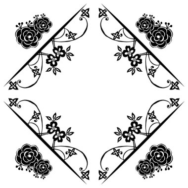 Dekoratif çerçeve, güzel çiçek ve yaprak, çeşitli kart süslü eleman, siyah beyaz zemin. Vektör