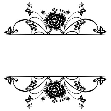 Dekoratif çerçeve, güzel çiçek ve yaprak, çeşitli kart süslü eleman, siyah beyaz zemin. Vektör