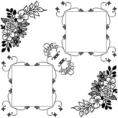 Beyaz arka planda siyah çizgi sanatı, yaprakları ve çiçek çerçevesi zarif. Vektör