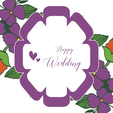Tebrik kartı, mutlu düğün yazısı, bir süs ile bir çerçevede mor çiçekler ile. Vektör