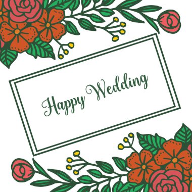Mutlu düğün, davetiye Vintage kart, sevimli çerçeve ve çeşitli renk çiçekleri şekli yazı. Vektör
