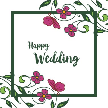 Şekil zarif çerçeve, çeşitli renk çiçekler ve yeşil yaprak dalları, kart mutlu düğün tasarımı. Vektör