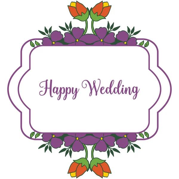 Grußkarte, Schriftzug der glücklichen Hochzeit, mit lila Blumen in einem Rahmen mit einer Verzierung. Vektor — Stockvektor