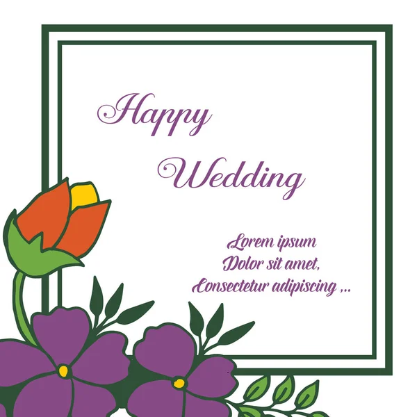 Greeting card, lettering of happy wedding, with purple flowers in a frame with an ornament. Vector — Stock Vector